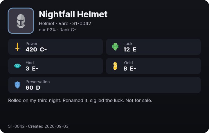 A gear card rendered by the bot: a Helmet its owner renamed Nightfall Helmet, with five stats and their ranks, durability, serial and the owner's description.
