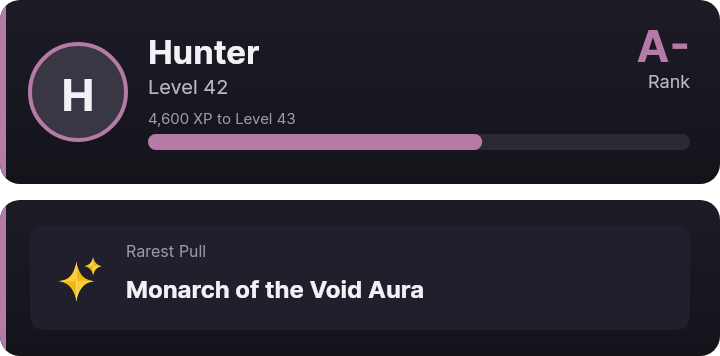 A player's Ascendant status card: name, level, XP bar, rank A-, and their rarest pull.